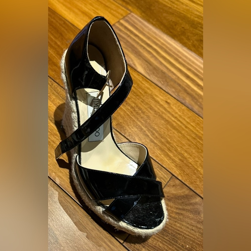Jimmy Choo Black Patent Leather Espadrille Wedges